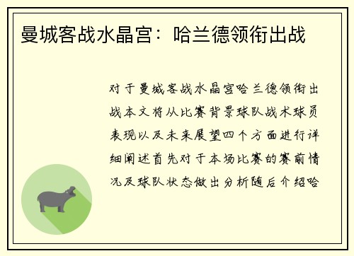 曼城客战水晶宫：哈兰德领衔出战